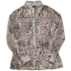 Vintage 70s jungle print trees floral button up shirt grey gray black rare XS